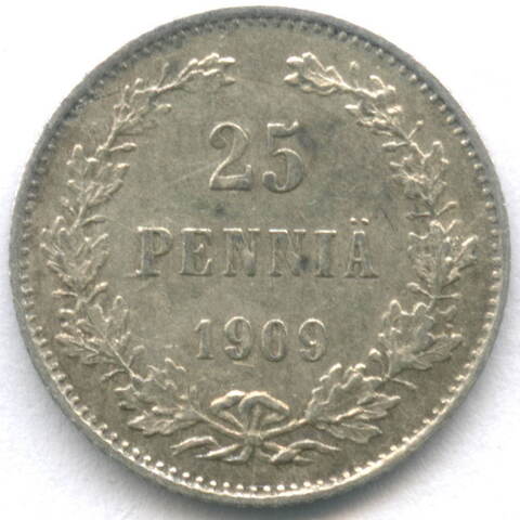 25 пенни 1909 год (L). Россия для Финляндии. VF-XF