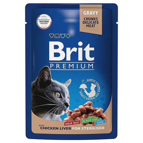 Влажный корм Brit Premium с куриной печенью в соусе для кастр. кошек 85 г (пауч Брит)