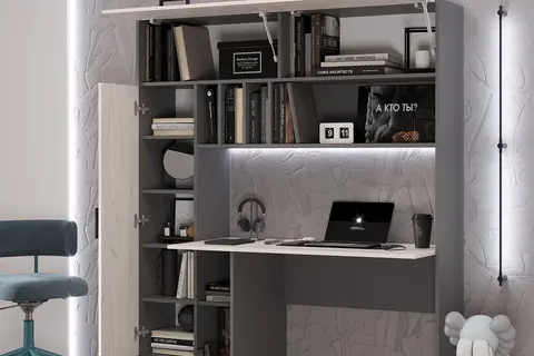 Стол письменный с надстройкой Техно графит / дуб крафт белый