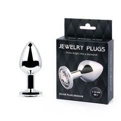 Анальная пробка SILVER PLUG MEDIUM с прозрачным кристаллом - 8,2 см. - 