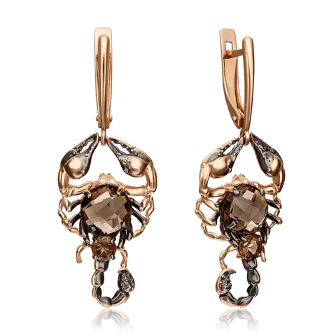 Серьги «Скорпионы» с английским замком из золота c кварцем дымчатым