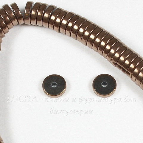 Бусина Гематит (искусств), рондель, цвет - бронзовый, 8х2 мм, нить