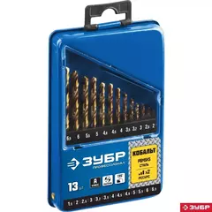 ЗУБР Кобальт, 13 шт, (1.5-6.5 мм), сталь Р6М5К5, класс А, мет.бокс, набор сверл по металлу, Профессионал (29626-H13)