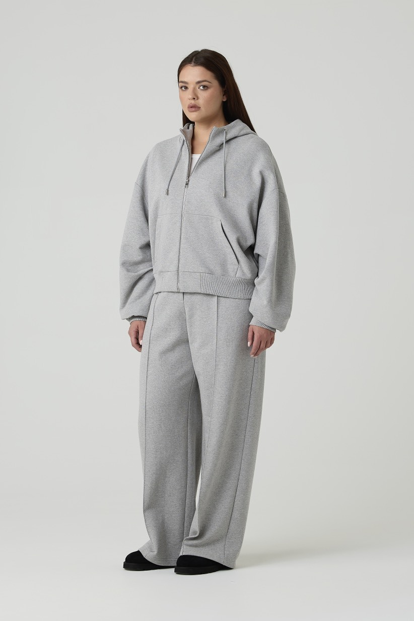 Худи на молнии из футера с капюшоном, серый меланж