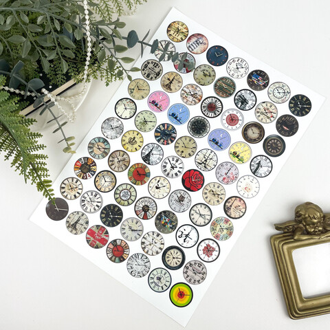 Часы - декоративные картинки для кабошонов, 2,6 см, 1 лист формат А4, 70 дизайнов часов.
