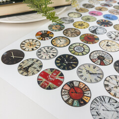 Часы - декоративные картинки для кабошонов, 2,6 см, 1 лист формат А4, 70 дизайнов часов.