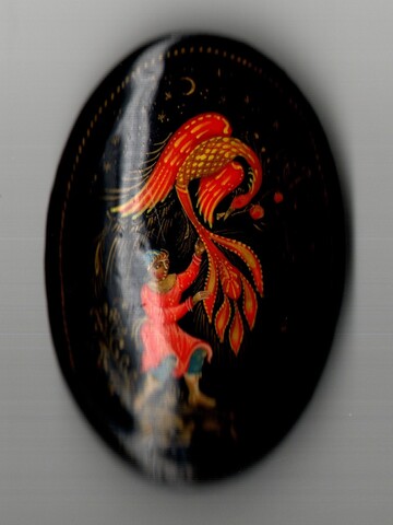 Винтажная брошь авторская Мстёра - Папье-маше - Ручная роспись - Жар-птица