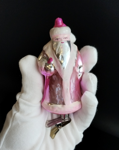 Ёлочная игрушка "Дед Мороз" на прищепке из набора сказки "Морозко", 13 см, ручная роспись, стекло, винтаж СССР 1960-1980 гг