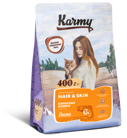 Сухой корм для кошек Karmy для здоровья кожи и блеска шерсти, с лососем 400 г