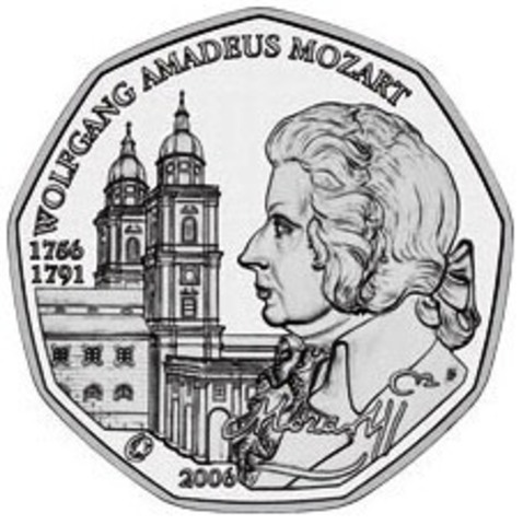 5 евро. 250 лет со дня рождения В.А. Моцарта. Австрия. Серебро. 2006 год. UNC