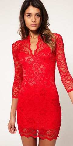 Кружевное платье с V-образным вырезом, красное