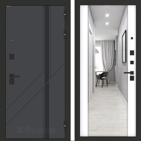 Входная металлическая дверь с зеркалом Бункер HIT Хит B-12 Веллюто оскуро / зеркало Макси ФЛЗ - 1 Белый софт