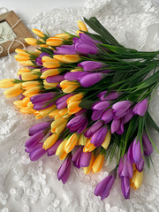 Крокусы-подснежники искусственные, Желто+малиновый ПЫШНЫЙ микс, 35 см, более 90 бутонов в наборе, набор 3+3 букета, всего 6 букетов.