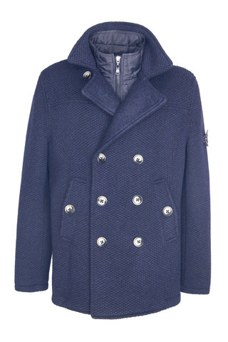 Двубортное тёмно-синее пальто из натуральной шерсти