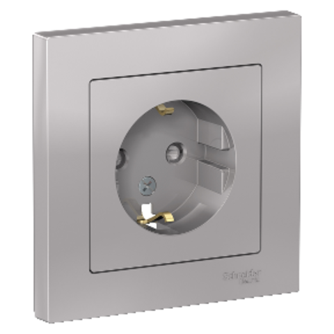 Розетка с заземлением со шторками, 16А, в сборе. Цвет Алюминий. Schneider Electric AtlasDesign. ATN000344