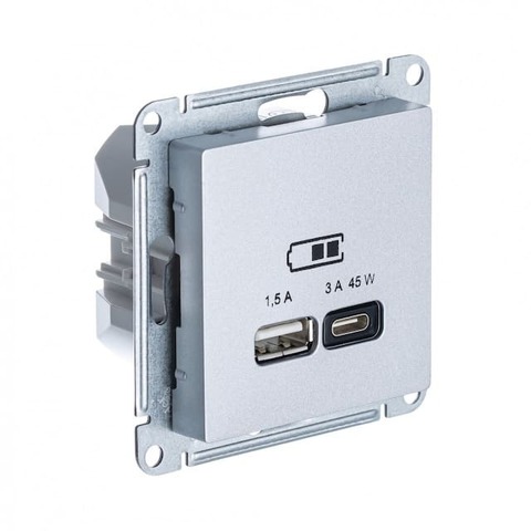 Розетка зарядное устройство USB 2 разъёма тип - A/C 45 Вт c протоколом QC, PD. Цвет Алюминий. Schneider Electric AtlasDesign. ATN000329