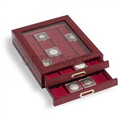 Элегантная деревянная кассета LIGNUM, на 35 квадратных ячеек 35х35 mm, "красное дерево", вставка темно красный бархат, со смотровым стеклом