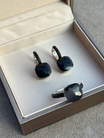 33356 - Серьги и кольцо из серебра с матовым, черным кварцем в стиле POMELLATO