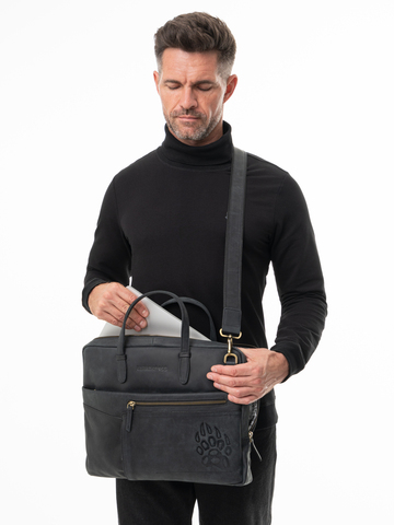 Кожаный портфель универсальный, компактный чёрного цвета (кожа Крейзи)