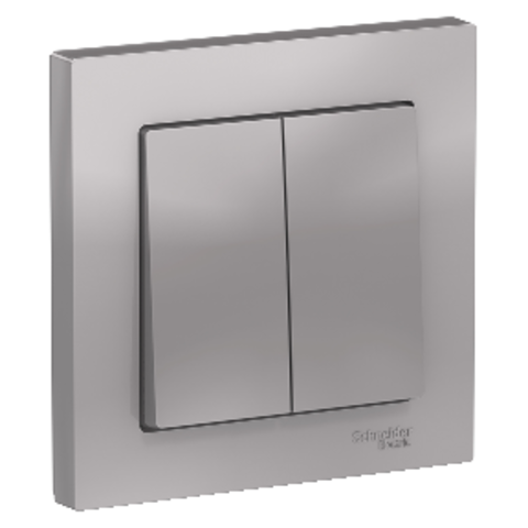 Выключатель двухклавишный, 10АХ, в сборе. Цвет Алюминий. Schneider Electric AtlasDesign. ATN000352
