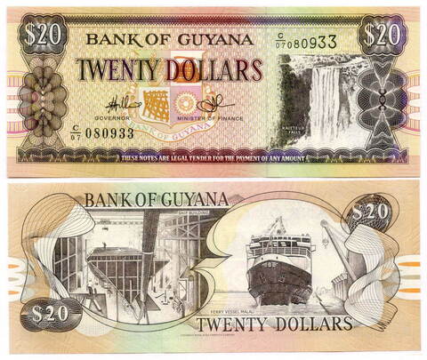 Банкнота Гайана 20 долларов 2009 год C/07 080933. UNC
