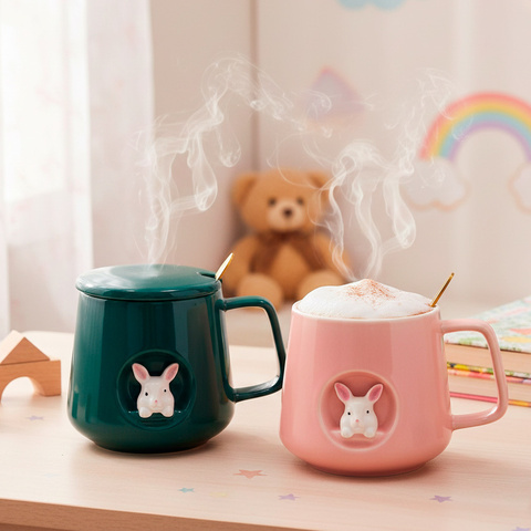 Керамическая кружка с крышкой и ложкой, 10*7,8 см, розовый/зеленый 380 мл