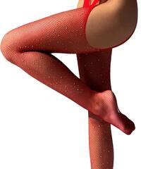 Колготки в мелкую сетку со стразами (красный) OS