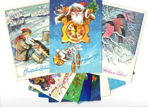 Подборка поздравительных Новогодних открыток — 10 штук— разные художники Похитонова, Манилова, Достян и др—чистые, без повторов, винтаж времен СССР