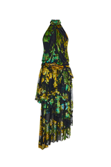 Платье макси из бархата деворе с воланами и открытой спиной