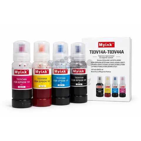 Чернила MyInk для Epson Ecotank L4167, L4266, L4263, L4267, L4268, L4269, L6279, L4165, L6268, L14158, L6168, L4153, L4156, L4169, L6298, L4151 (101/102) пигментные black 1x127мл - водные color 3x70 мл, KeyLock, комплект 4 цвета