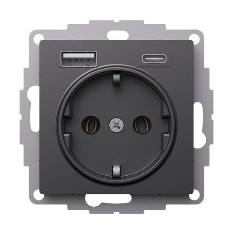Розетка электрическая с USB зарядкой 2R+З/USB тип A и C  250В 16А / 5В 3А. Цвет Базальт. Schneider Electric AtlasDesign. ATN001432