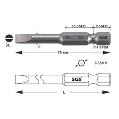 Бита шлицевая SL4,0x0,8 х75мм S2 1шт SGS 6375-SL4.0