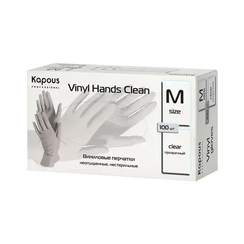 Виниловые перчатки неопудренные, нестерильные «Vinyl Hands Clean», прозрачные, 100 шт., M