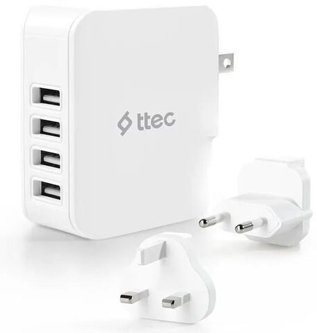 Зарядное устройство TTEC Quattro Worldwide Travel Charger 5.1A / 25W 4 USB-A Port с переходниками EU/GB/USA, белый