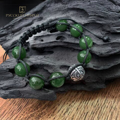 Браслет Шамбала с серебром. Зелёный нефрит. 12мм.
