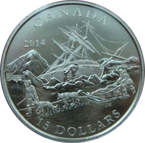 Канада 15 долларов 2014 Корабль парусник Арктическая экспедиция Исследование Канады Серебро