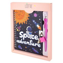 Блокнот в футляре, 18 см * 22 см, гребень, Alingar, мат. ламинация, ручка, замочек, линия, 45 л., "Космос, приключения", персиковый