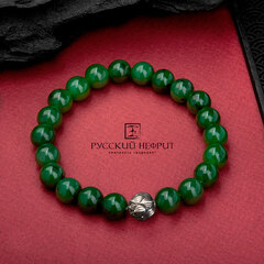 Браслет "Лотос". Зелёный нефрит Д 10мм.