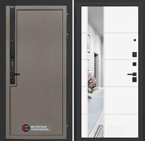 Входная дверь в квартиру Лабиринт Лаб про 1 Велютто кофе с зеркальной вставкой 19 Белый софт (без текстуры)