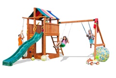 Игровой набор для детской площадки: домик с тентом, горка с лестницей, песочница, канат, веревочная лестница, скалолазная доска и 2 качели