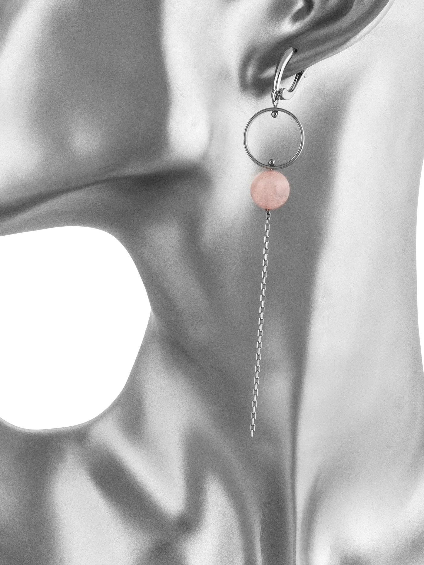 Серьги асимметричные с розовым кварцем