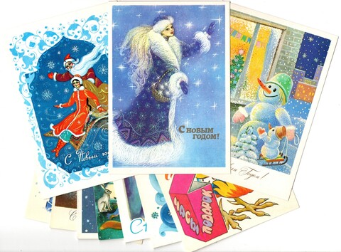 Подборка Новогодних поздравительных открыток — 10 штук — разные художники — чистые, без повторов
