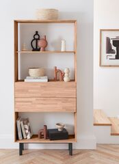 Дизайнерский книжный шкаф 2 ящика Виби 186х86х31 из дуба в стиле лофт, на металлических ножках