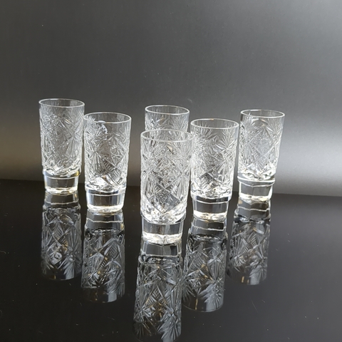 Стопки хрустальные набор из 6 штук, алмазная грань, геометрический орнамент, 10 см, винтаж СССР 1970-1990 гг