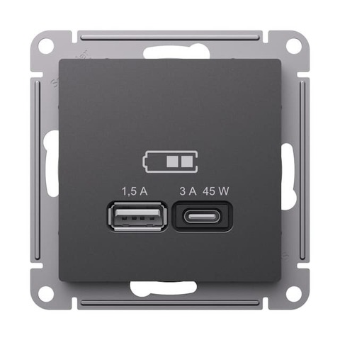 Розетка зарядное устройство USB 2 разъёма тип - A/C 45 Вт c протоколом QC, PD. Цвет Базальт. Schneider Electric AtlasDesign. ATN001429