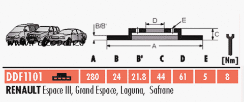 DDF1101 Тормозной диск RENAULTESPACE III 96-02, LAGUNA 93-01, LAGUNA Grandtour 95-01, SAFRANE I 92-