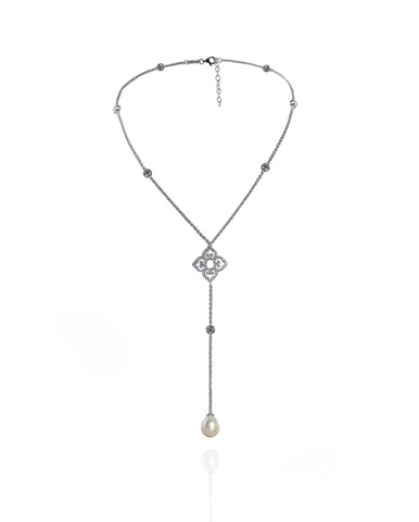 Necklace Pearl Drop, Rhodium, Cubic Zircons