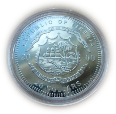 Либерия 20 долларов 2000 Уильям Говард Тафт 27-й президент США СЕРЕБРО