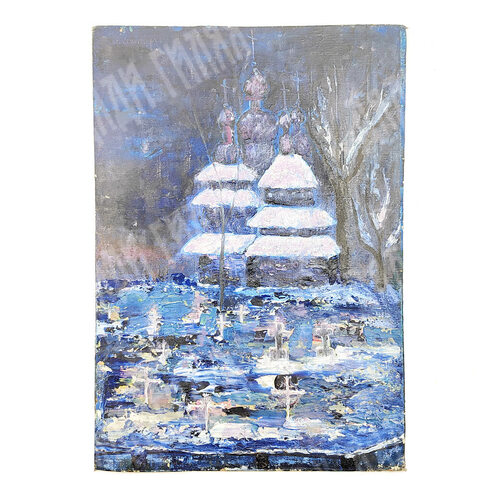 Алексеев Д. Н.? Погост в темно-синих тонах. Холст на картоне, масло. 1980-е