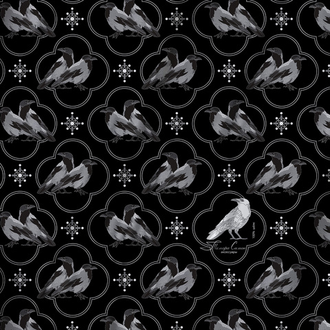 Платок каре 90*90см, БЕЛАЯ ВОРОНА на чёрном